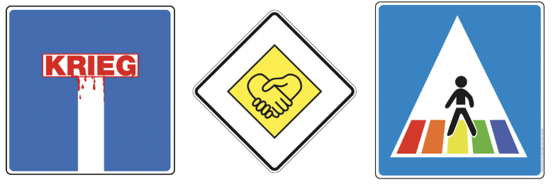 Drei Symbole: Krieg, Handschlag und Fußgängerüberweg.